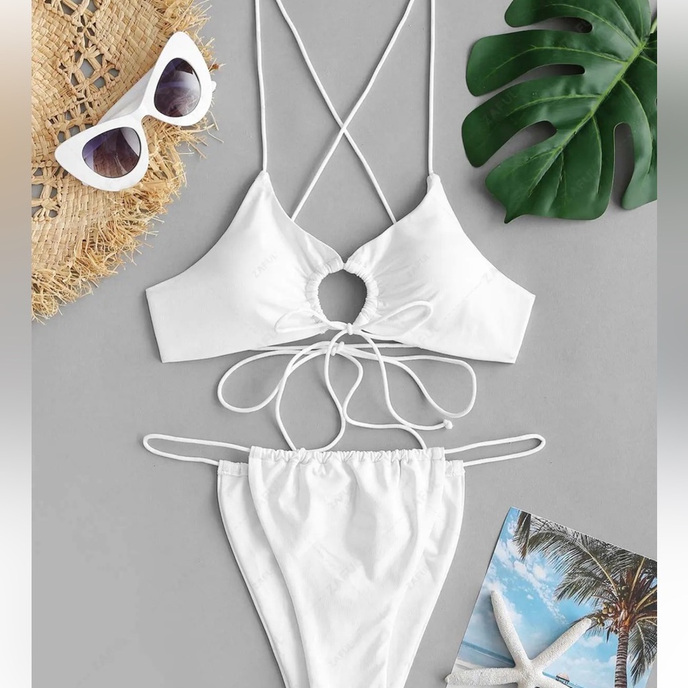Brand New White Metallic Cross String Bikini